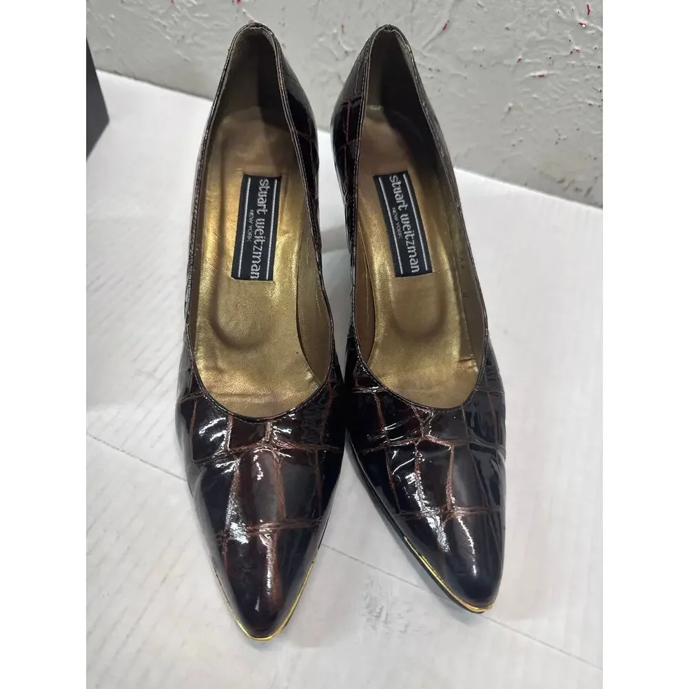 VTG Stuart Weitzman Point Toe Pumps Brown‎ Croc Gold Metal Accent 8 AAA Narrow